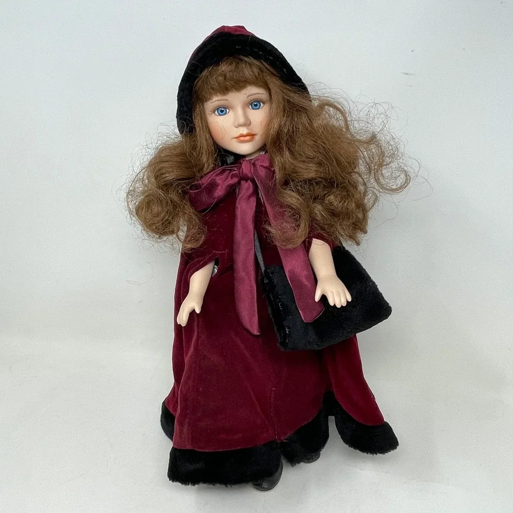 Vintage Porcelain Collector Doll 16 in Burgundy Velvet Hooded Cloak Winter Muff